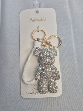 Natasha Couture White Braided Strap Keychain with Iridescent Crystal Teddy